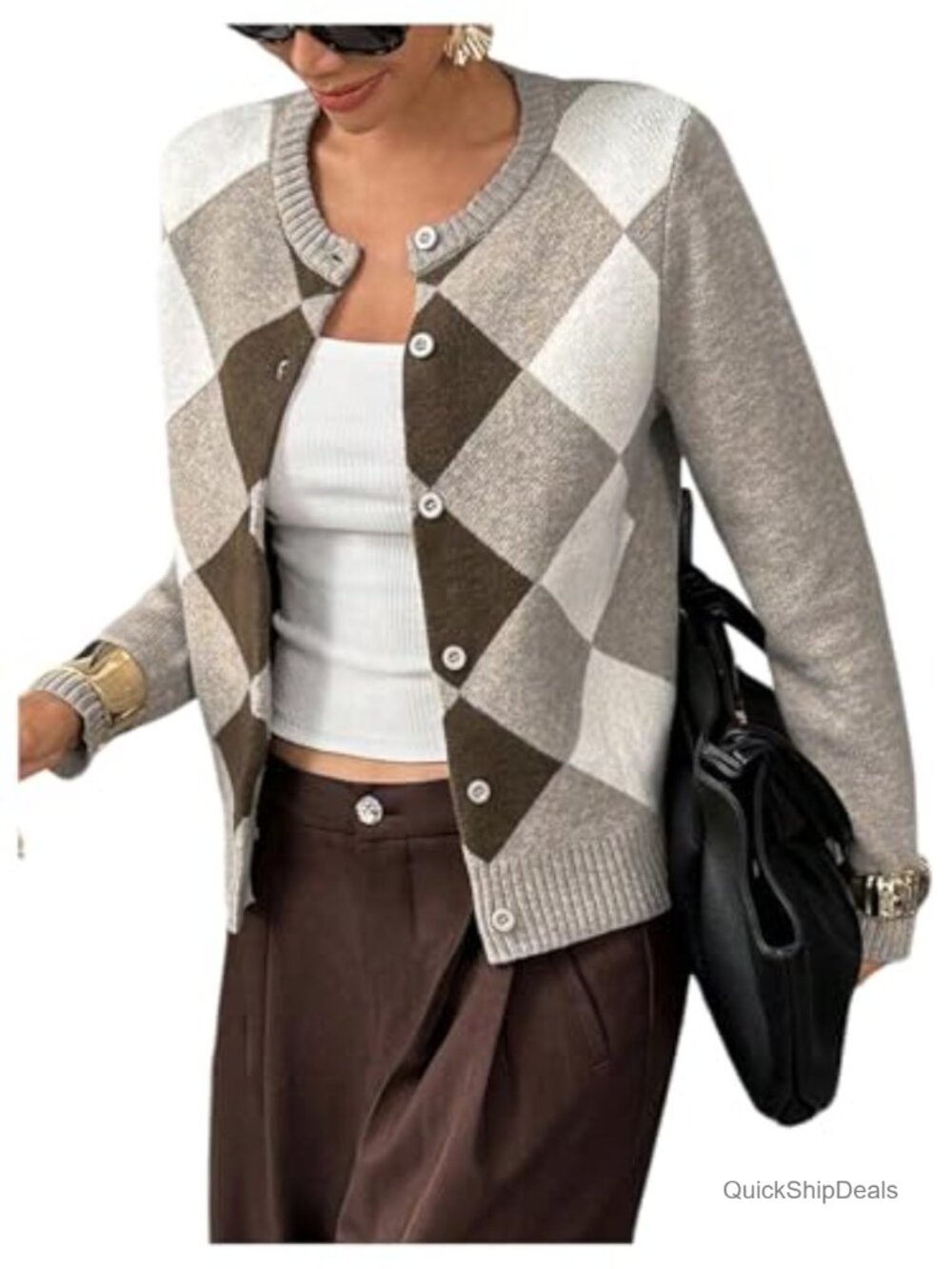 Argyle Plaid Cardigan Button Front Long Sleeve Knit Sweater